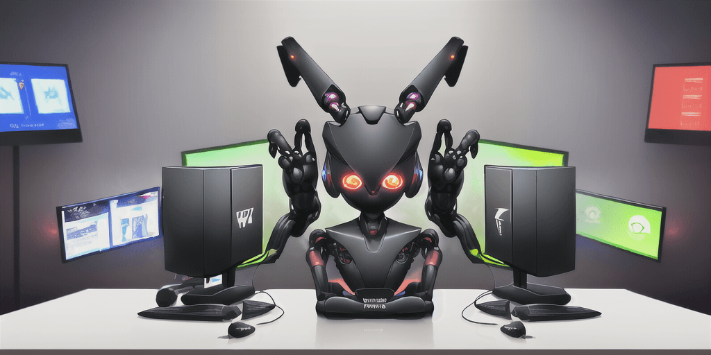 AI generated: In the background there are personal computers, different pc components. In the image there is only ...