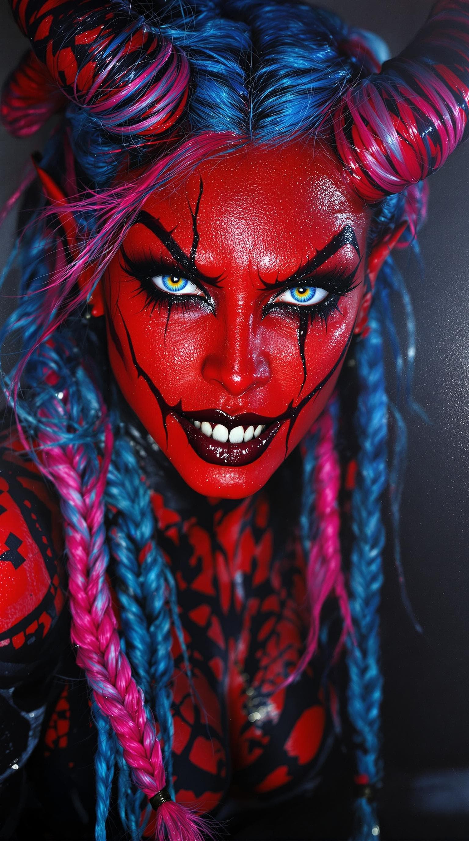 AI generated: a portrait of an evil demon woman with blue and pink braided hair, her skin is a blazing red, heavy ...