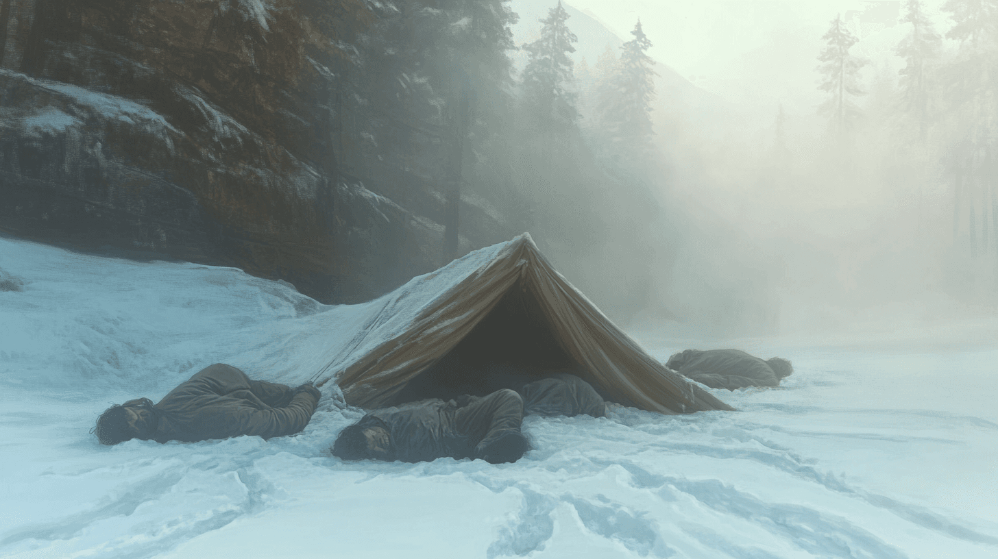 AI generated: A dark, atmospheric depiction of the Dyatlov Pass incident, an abandoned torn tent buried in deep sn...
