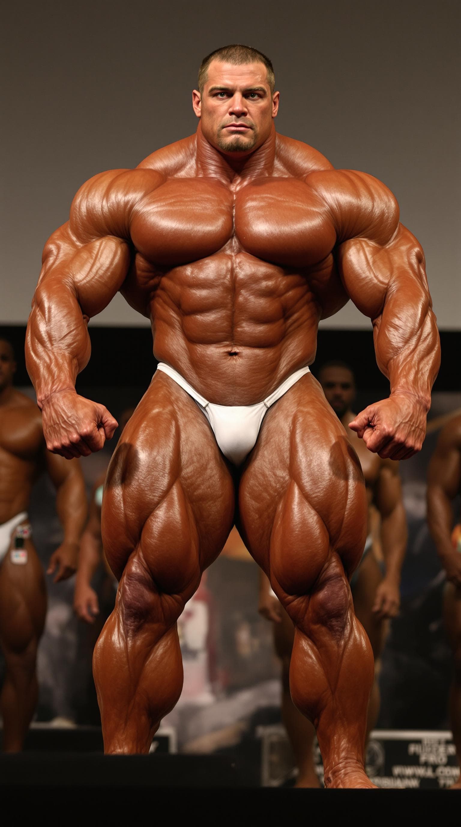 AI generated: A grotesquely massive super-heavyweight IFBB Pro bodybuilder in his early 40s, performing the offici...