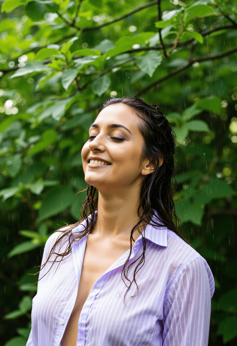 AI generated: A woman stands at one with nature, surrounded by lush greenery as it rains around her. Her long, wet...