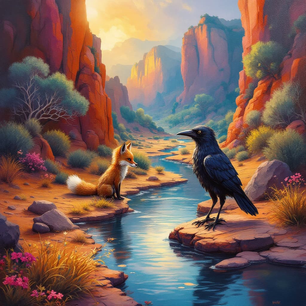 AI generated: oil painting of a cute fox cub and cute raven. The painting features a whimsical and enchanting scen...