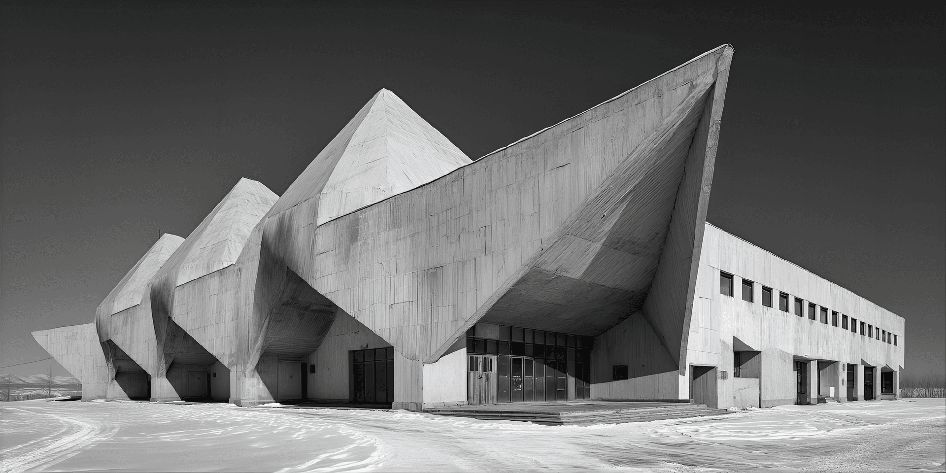 AI generated: Soviet modernism, Kyrgyzstan, 20th century, brutalist architecture, architectural photography, raw c...