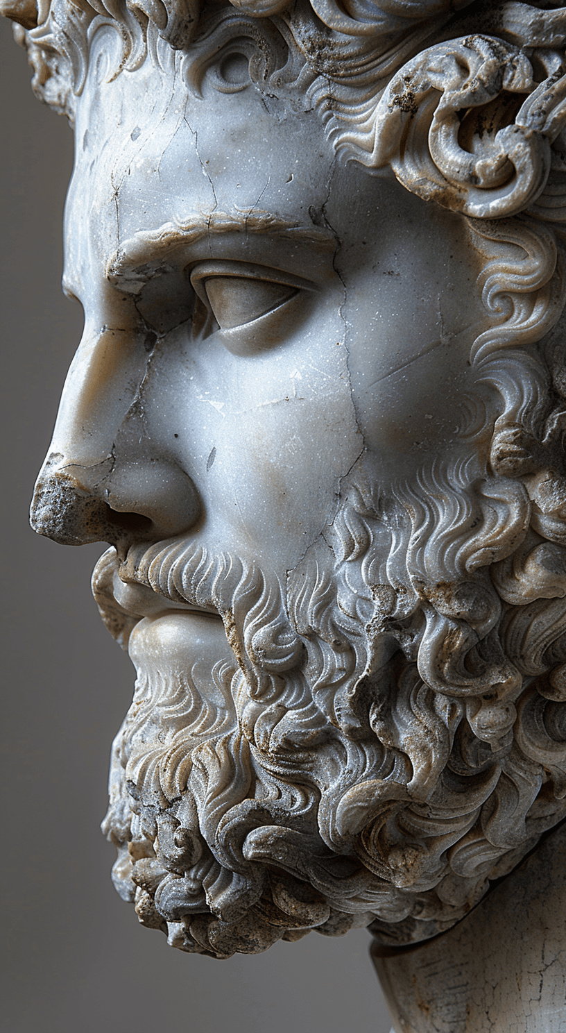 AI generated: greek sculpture, head of Hadrian, close up, grey background --ar 71:129 --stylize 750 --v 6