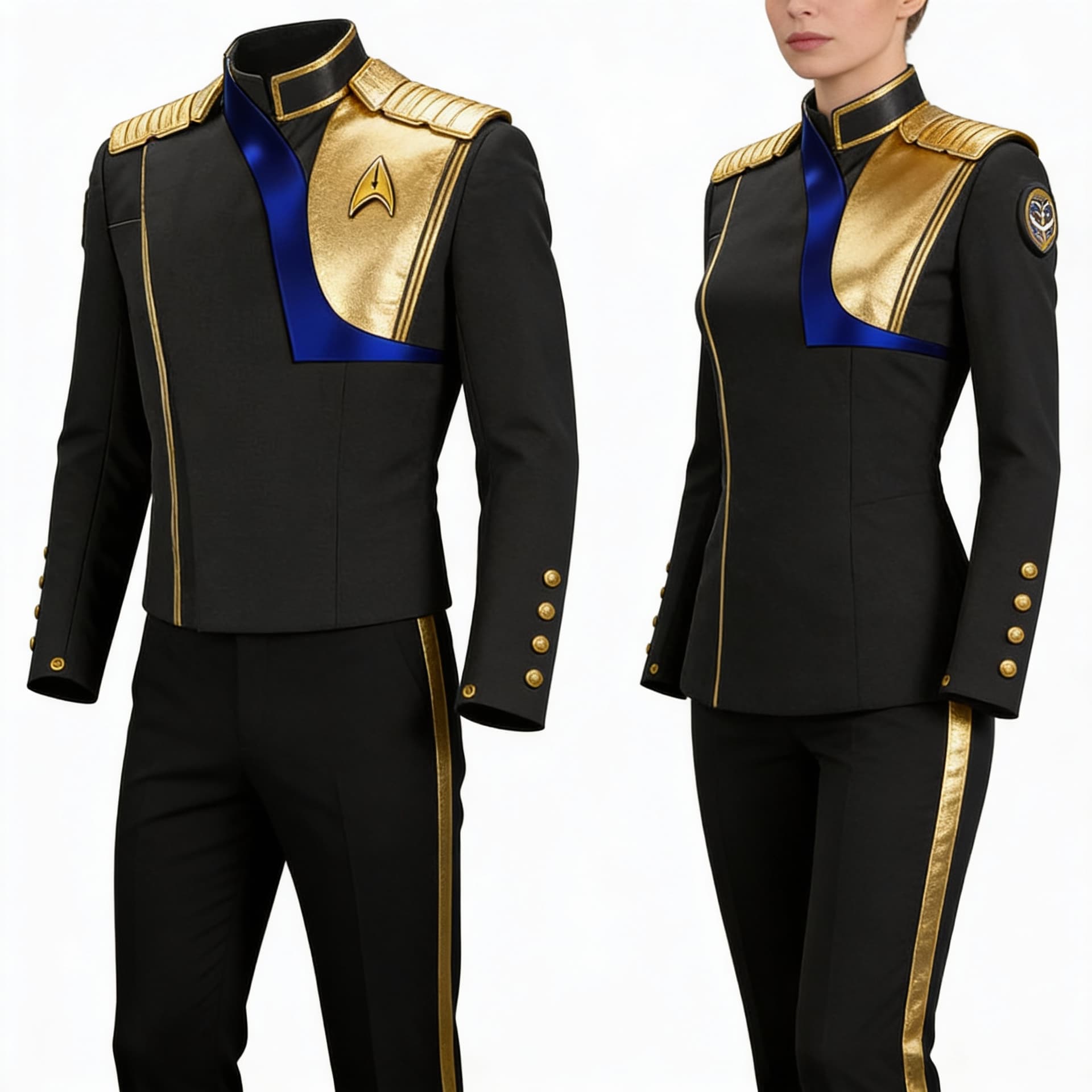 AI generated: Create a Sci-Fi Command uniform. Use the reference image and turn all silver to Gold. The color of t...