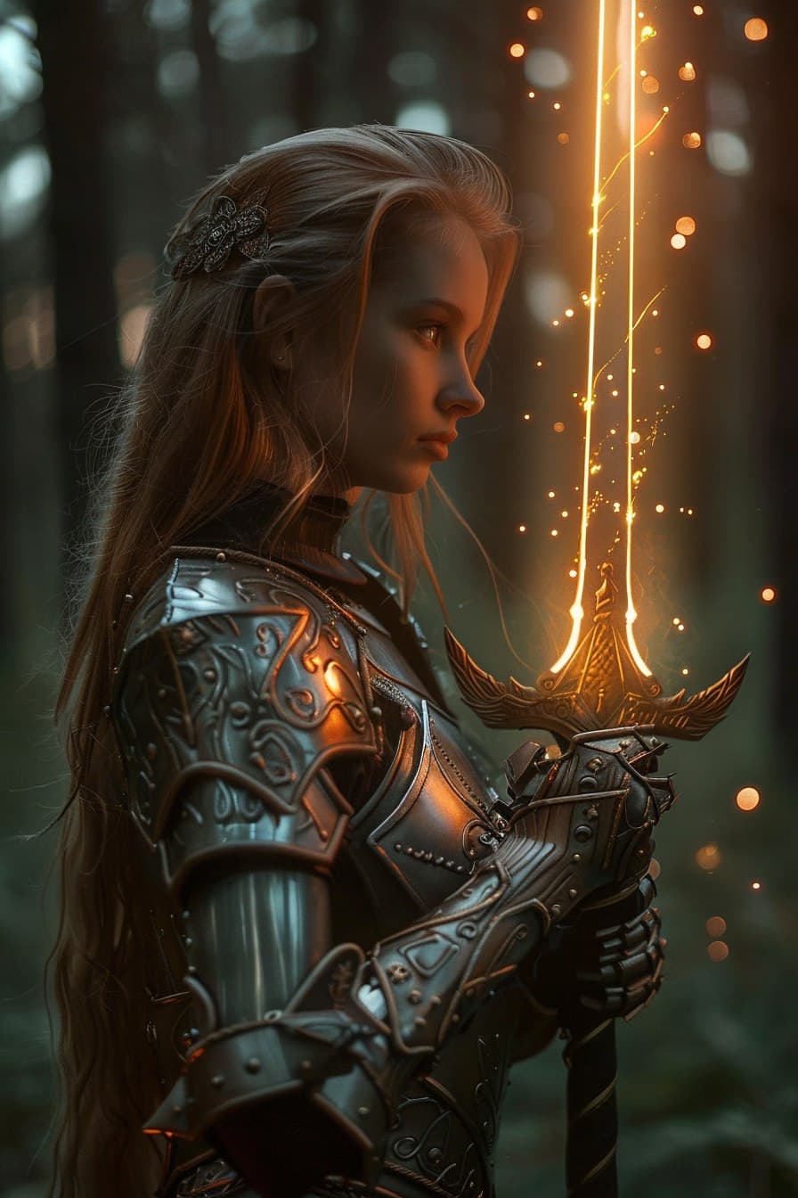 AI generated: Female elf knight in the style of Pre-Raphaelite art, detailed armor with intricate engravings, myst...