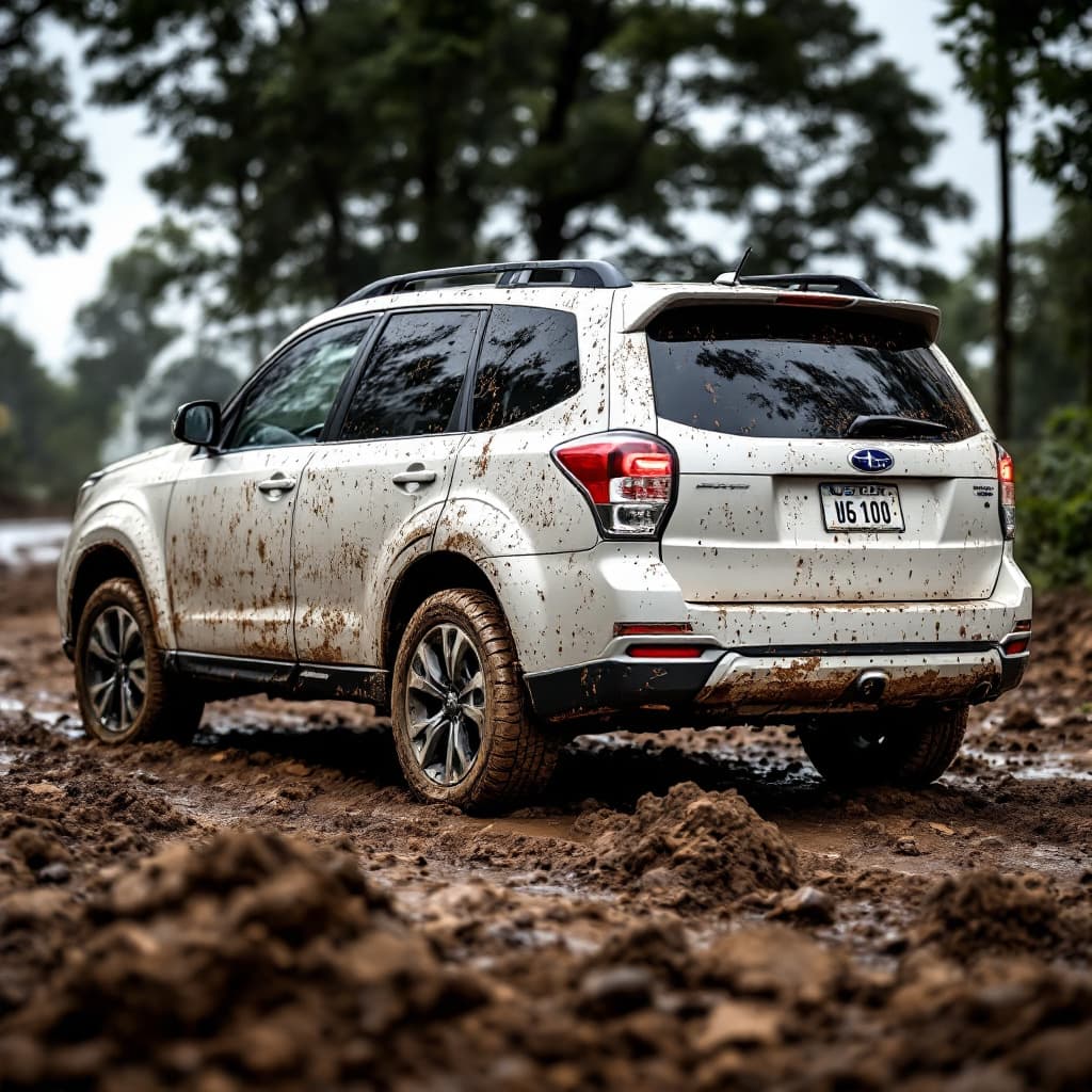 AI generated: a 4k detailed image showing side profile view  of a pearl white Subaru forester 2010 model with Ugan...