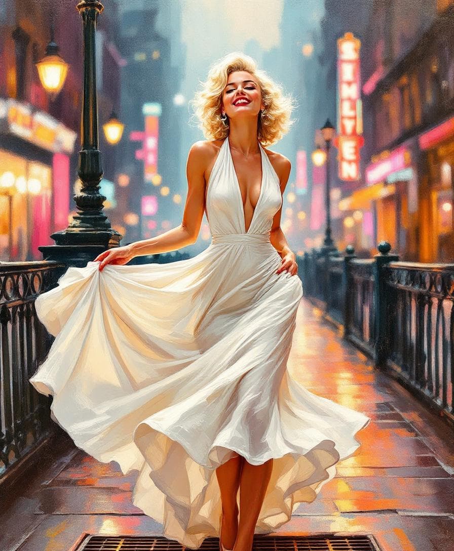 AI generated: A woman reminiscent of Marilyn Monroe stands above a subway grate, wearing a vintage white halter dr...