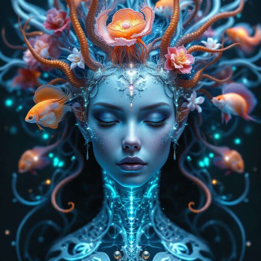 AI generated: Goddess close-up portrait ribcagel. jellyfish phoenix head, nautilus, orchid, skull, betta fish, bio...