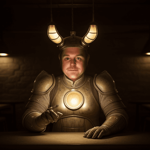 AI generated: Hyper realistic portrait photo of a mid century tavernkeeper, dim lights, direct lighting