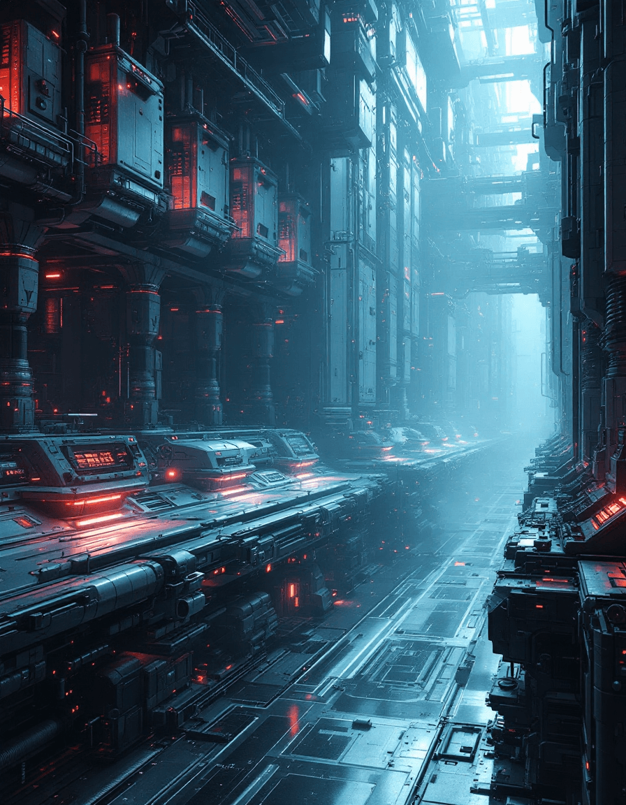 AI generated: Concept art of technical infrastructure blueprint schematics of a (futuristic space vehicle factory:...