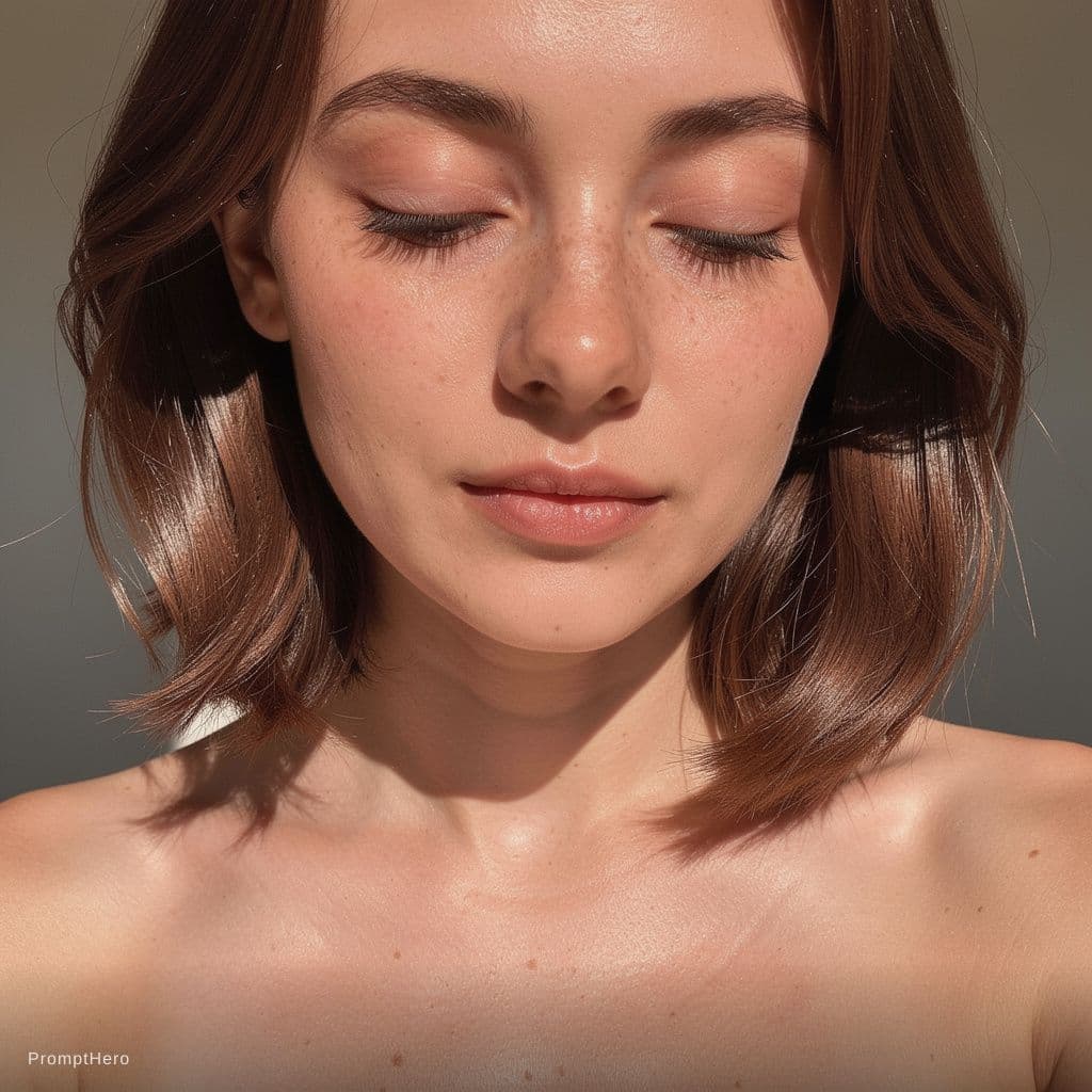 AI generated: (SORA)
hyper-detailed close-up of a brunette woman's face to cleavage with eyes closed, highlighting...