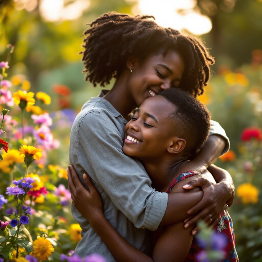 AI generated: As a photographer, take a closeup shot of An african mother (31 years of age) hugging her African so...