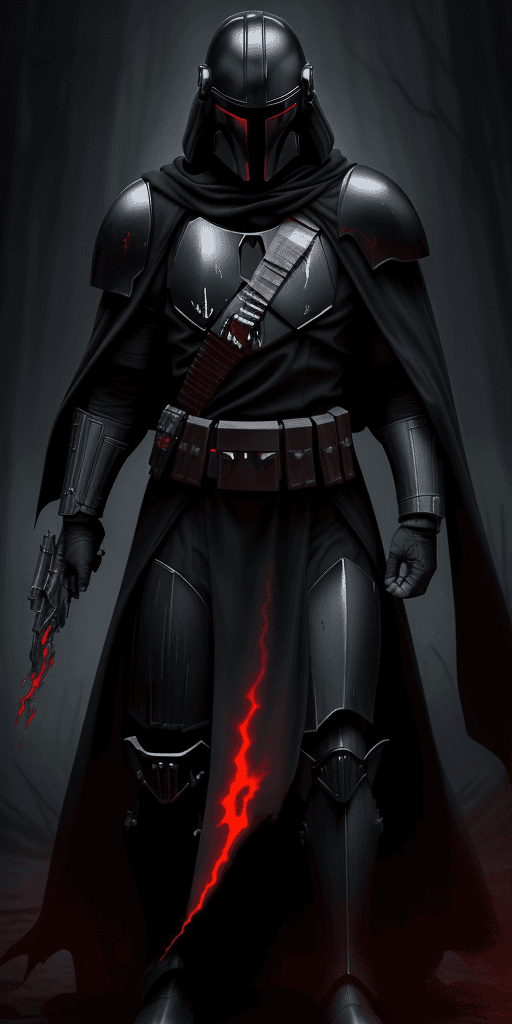 AI generated: evil, dark, psycho, Mandalorian, ominous atmosphere, mysterious figure, glowing red eyes, menacing p...