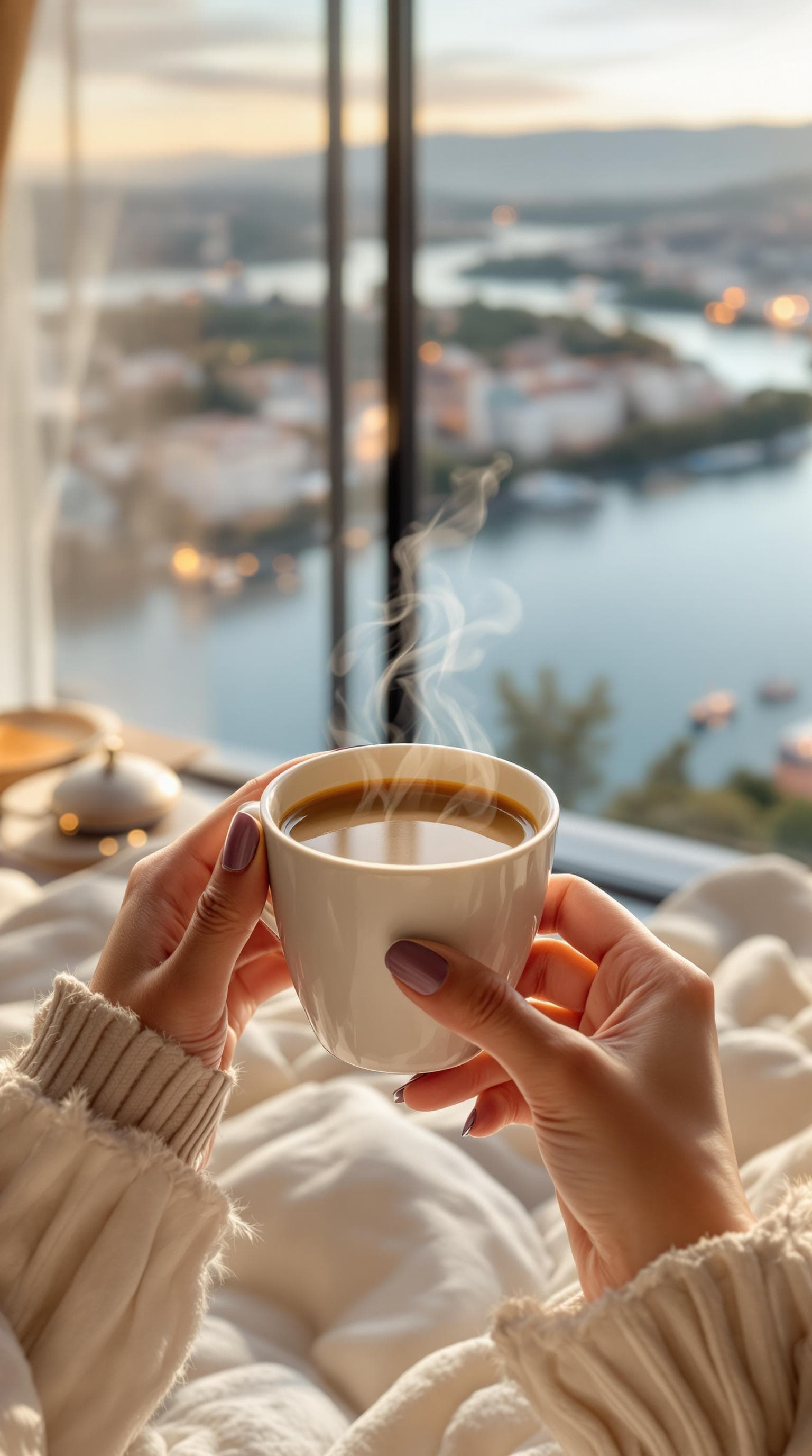 AI generated: A luxurious first-person morning scene. A pair of elegant female hands with perfectly manicured nail...
