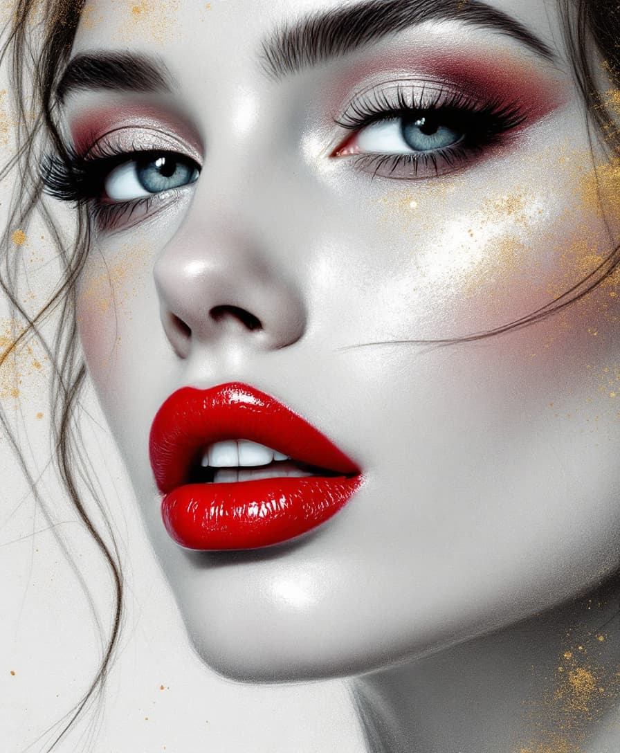 AI generated: Beautiful expressive face of girl, full red lips, close-up, abstract scrapbooking, grayscale pencil ...