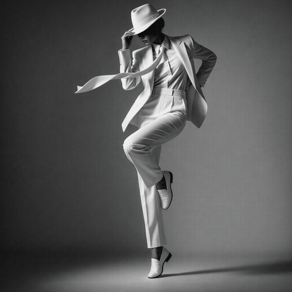 AI generated: Photorealistic black-and-white studio portrait, full-body female dancer in an all-white look: white ...