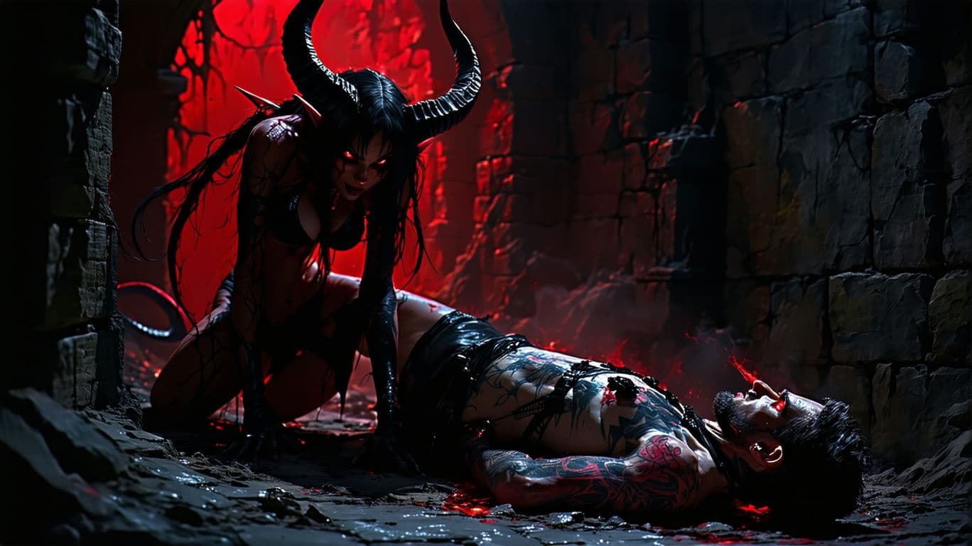 AI generated: A dominant Athletic female demon, red skin, Black latex bikini, glowing red eyes, black snake hair, ...