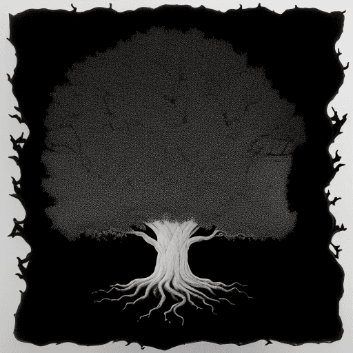 AI generated: on a black background, a white shining silhouette of an old powerful oak with a thick crown of carve...