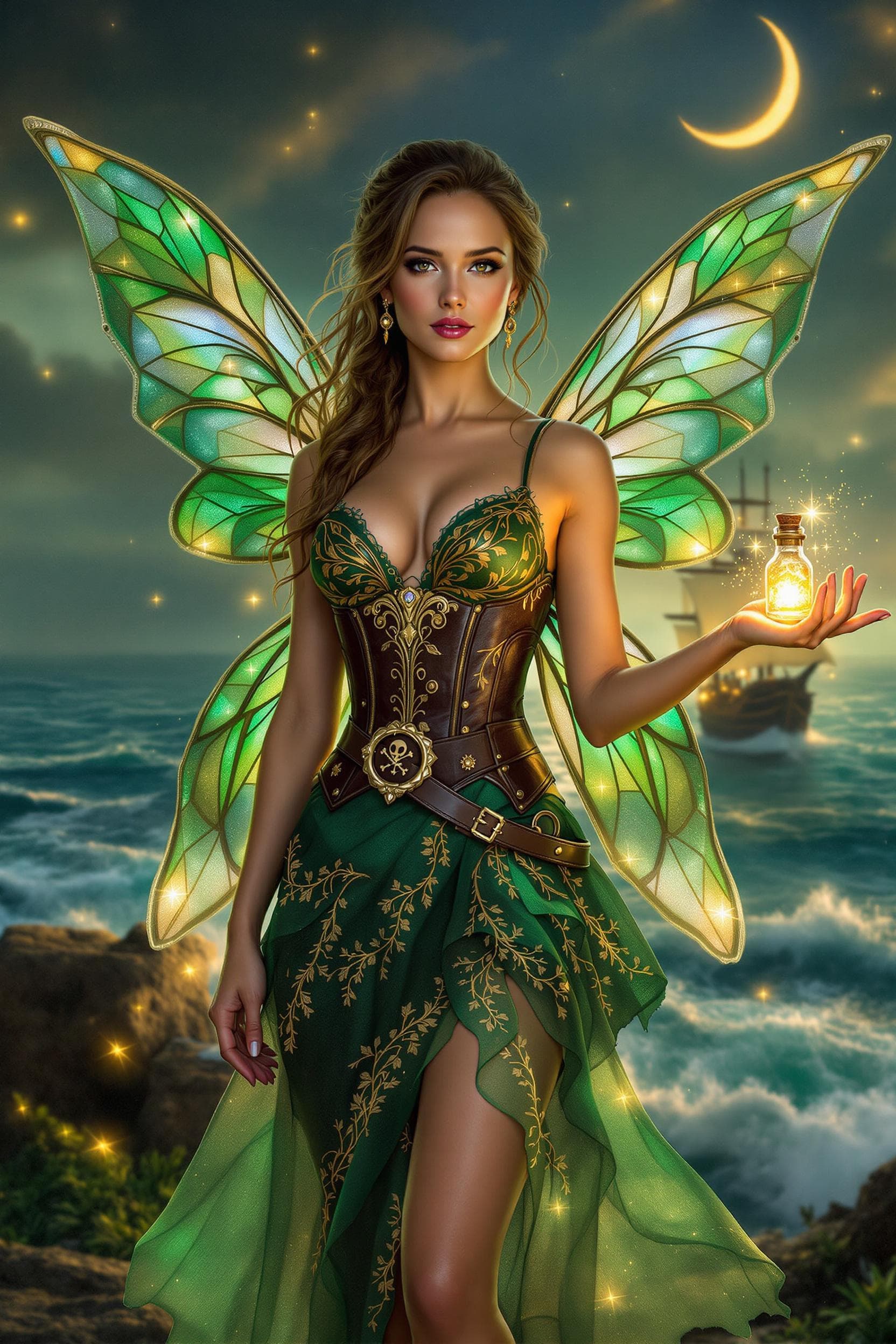 AI generated: Alicia Vikander is portrayed as a graceful yet adventurous fairy pirate, blending ethereal beauty wi...