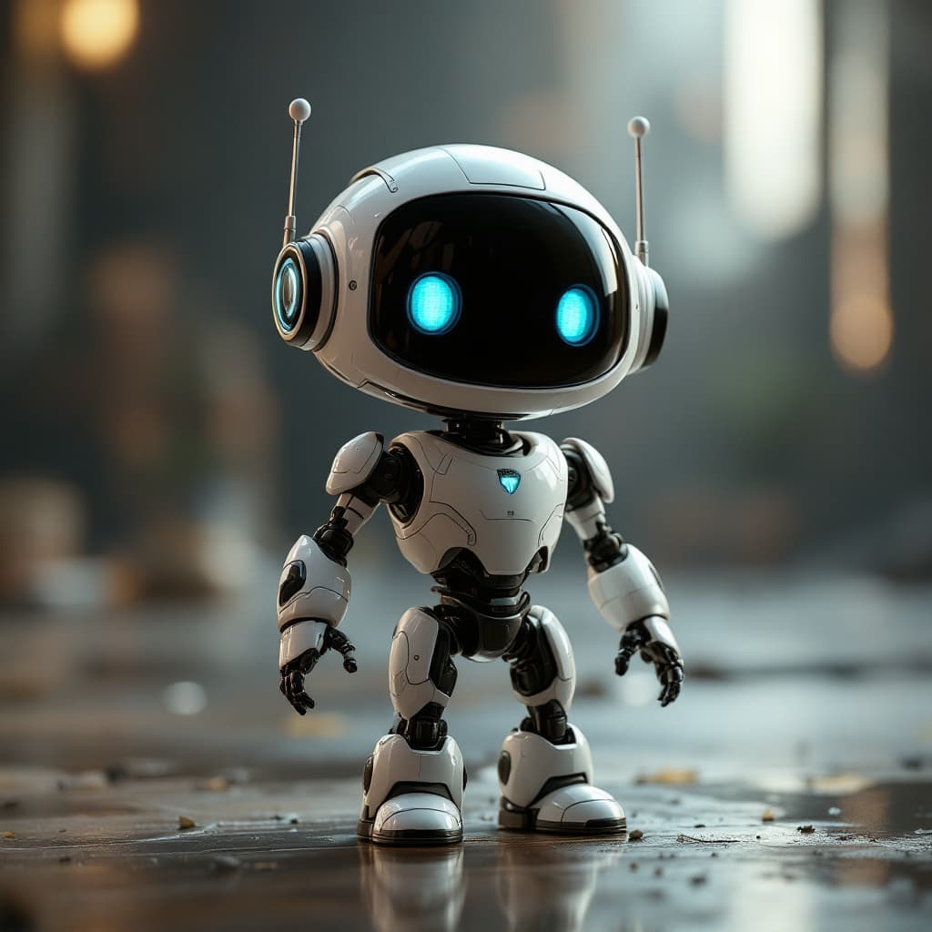 AI generated: small robot, cute, pixar, unreal engine, tron, hyper detailed, volumetric lighting