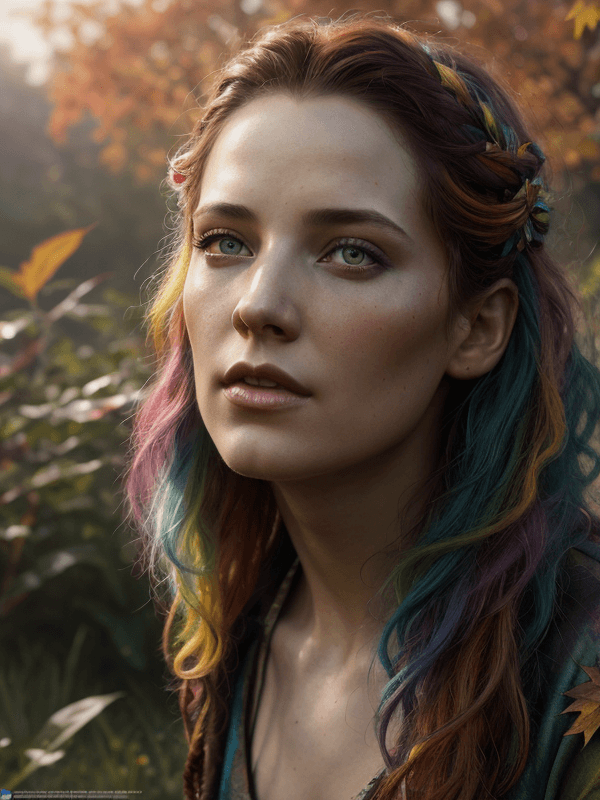 AI generated: beautiful angle view of Species woman individual from another planet with multicolored hair, beautif...