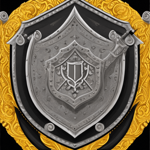 AI generated: A black and gray design incorporating an ornate shield, a sharp sword, and medieval armor. The shiel...