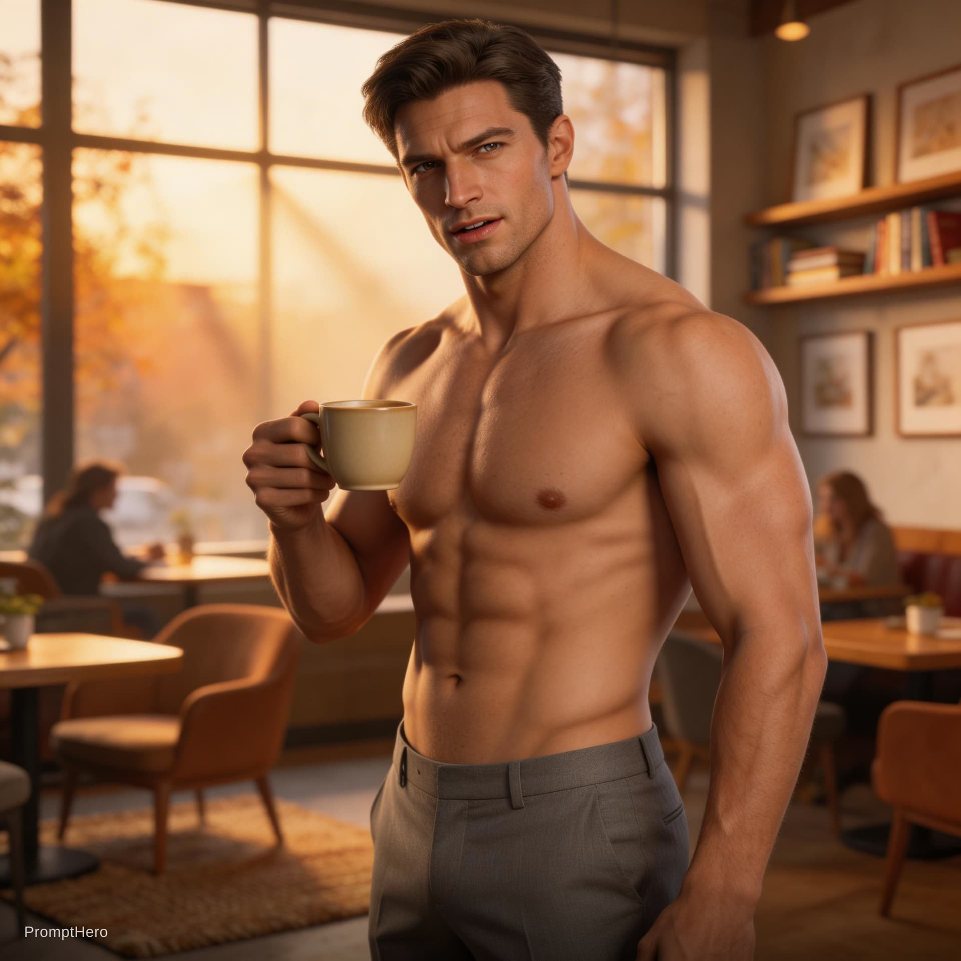 AI generated: Ultra-realistic editorial portrait of a rugged, strikingly handsome mature man in a cozy autumn coff...