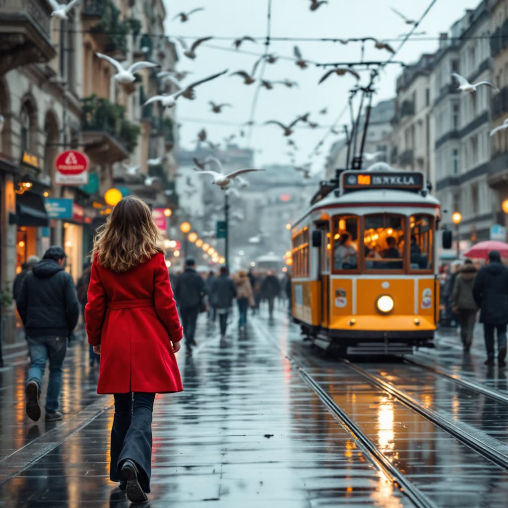 AI generated: Let there be a young girl walking on Istanbul Beyoğlu Istiklal Street and seagulls flying in the air...
