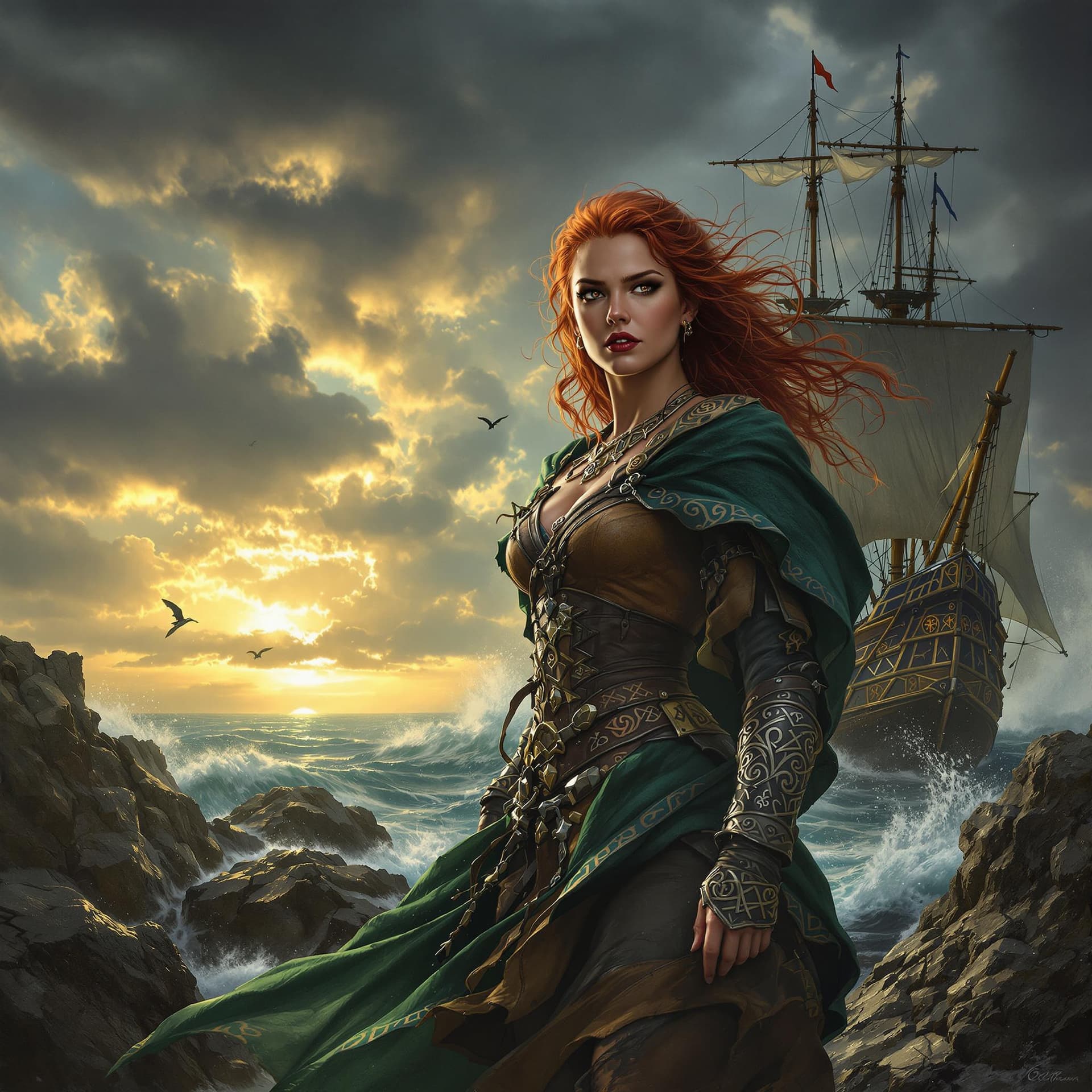 AI generated: Gráinne O'Malley, the legendary Irish pirate queen, stands defiantly at her rugged sea port, her sta...