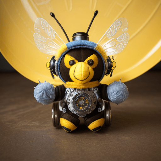 AI generated: An intricately detailed plush bumble bee with blue and yellow fur sits on the edge of a massive sunf...