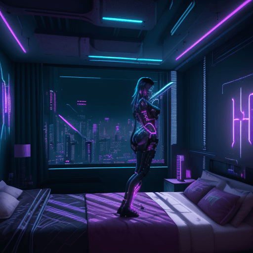 AI generated: inside a girl room, cyberpunk vibe, neon glowing lights, sharp focus, photorealistic, unreal engine ...