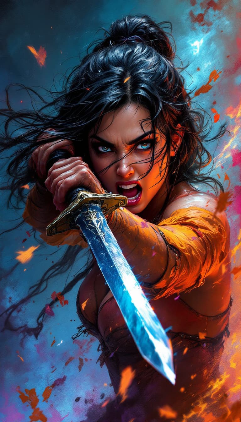 AI generated: Digital Painting, Vibrant Colors, Textured Brushwork, Energetic, Woman Holding a Sword Battling, Fie...