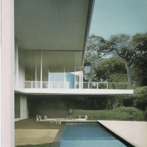 AI generated: Hyper realistic eye level exterior photo of a mid century modern style house overlooking the ocean, ...