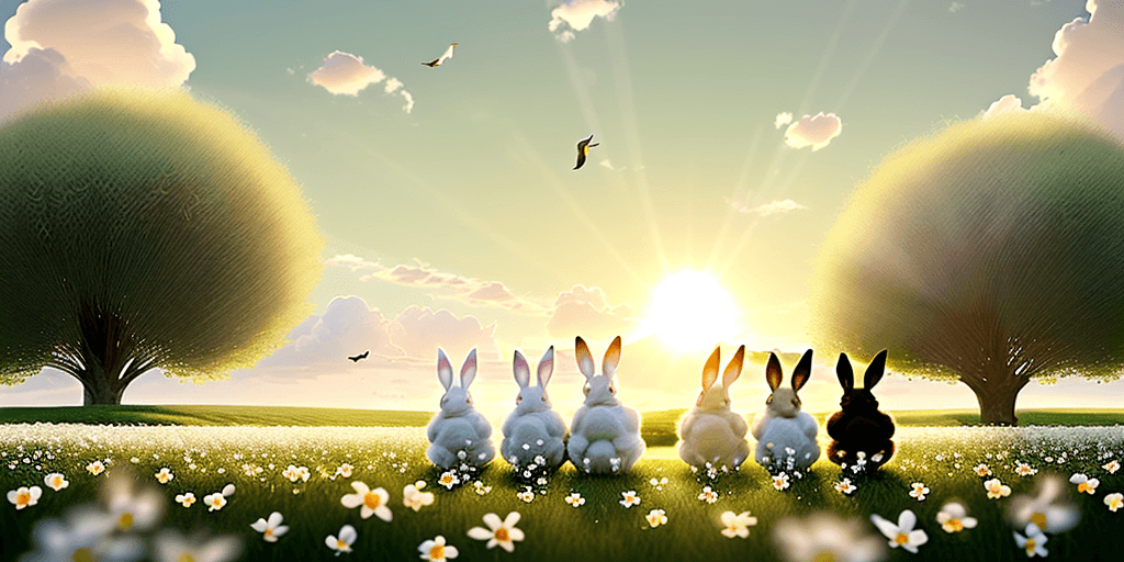 AI generated: five small photorealistic rabbits with fluffy hair on a green field with lots of white flowers, dram...