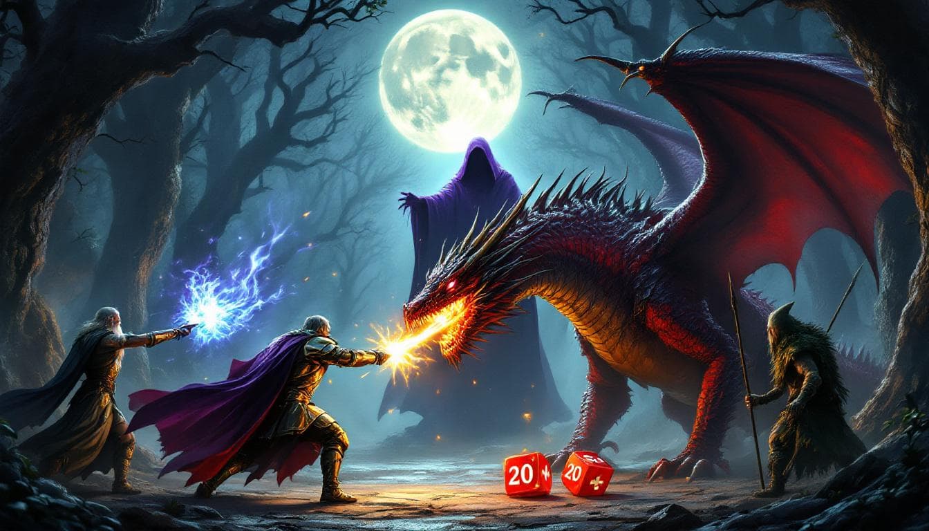AI generated: A battle scene in a moonlit forest, moonlight piercing through towering ancient trees, cinematic com...