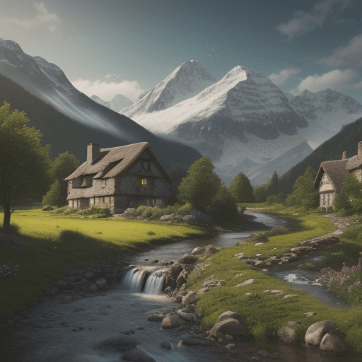 AI generated: A landscape towards a mountain with an antique cottage and a flowing stream, in 4K.
