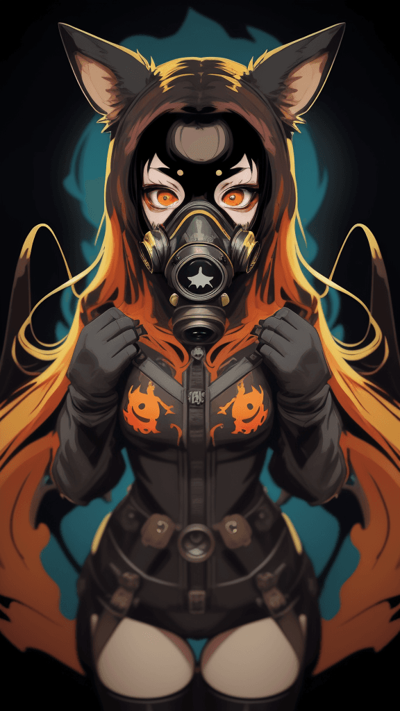 AI generated: complex background portrait of little bestial woman. Wearing a gas mask. Prominent eyes, complex bac...