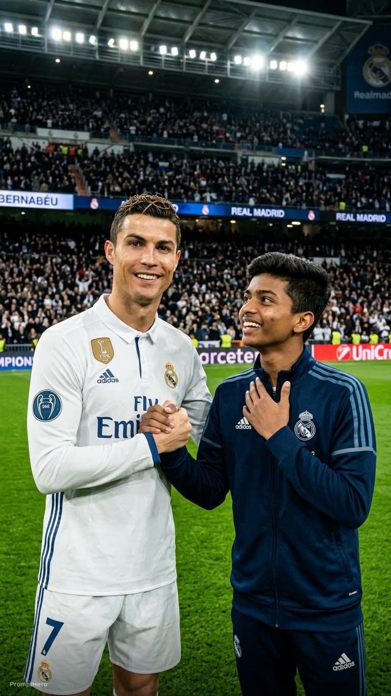 AI generated: Este chico y cristiano ronaldo en el bernabeu. Cambia por este hombre

