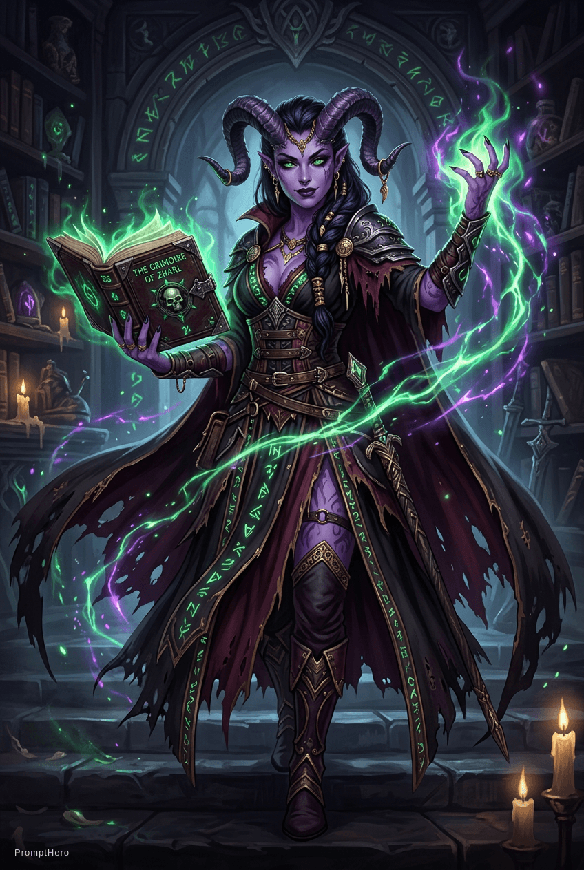 AI generated: female tiefling warlock, purple skin, curled horns, glowing green eyes, tattered black robes, holdin...