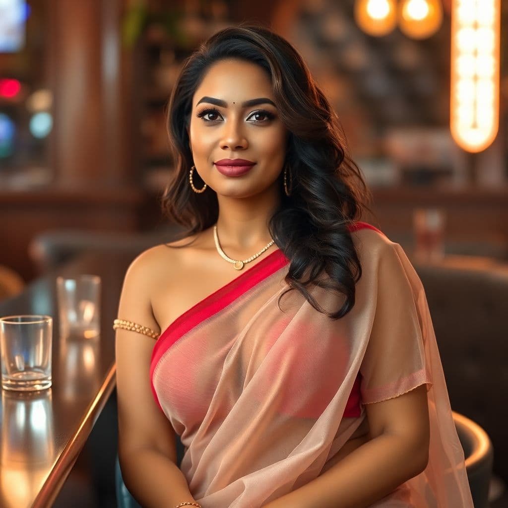 AI generated: curvy indian wearing transparent saree, sitting at bar