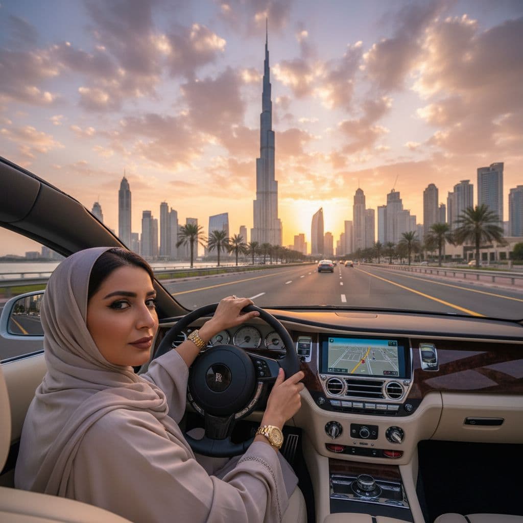 AI generated: 		1. Luxus und Mobilität – Frau in einem Luxusauto:
Eine arabische Frau in einem luxuriösen Auto (z....