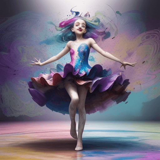 AI generated: a girl in a fancy dress dances on a mistic floor, in the style of mixed media chaos, erased and obsc...