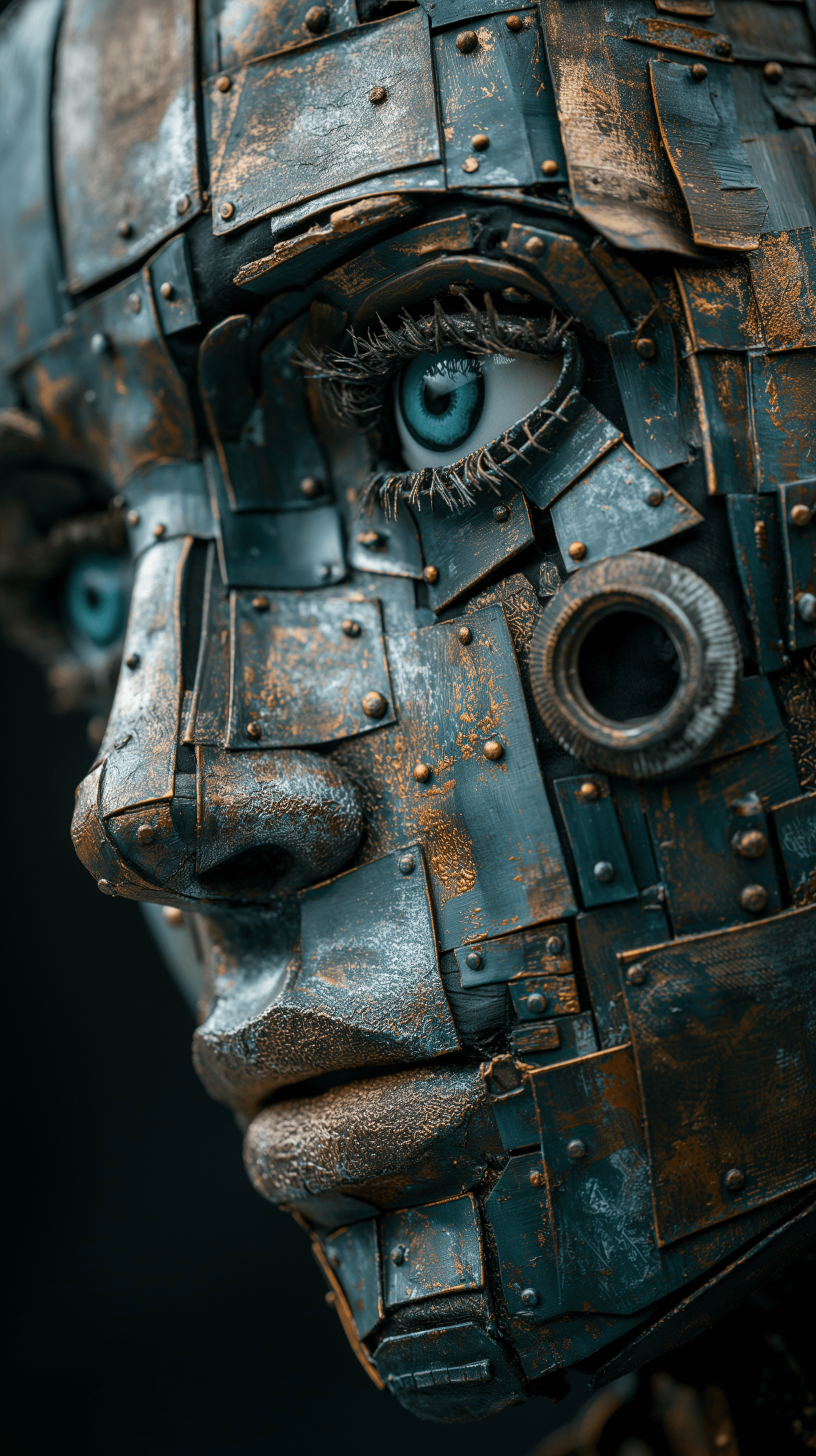 AI generated: artistic, synthetic mechanic face, complexity with details, eye detailing, deep gaze, limited colors...