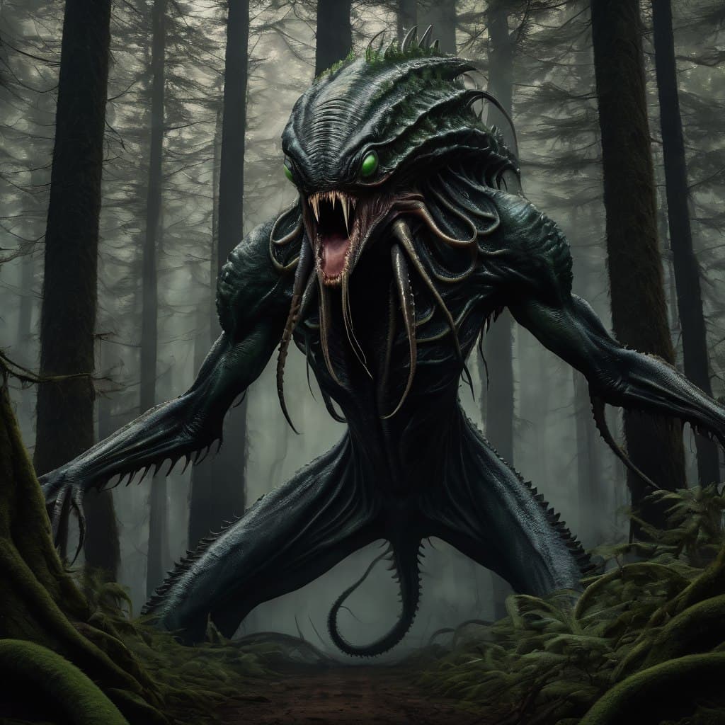AI generated: epic realistic, Terrifying Alien creature with sharp, elongated limbs, a hideous face with green dea...