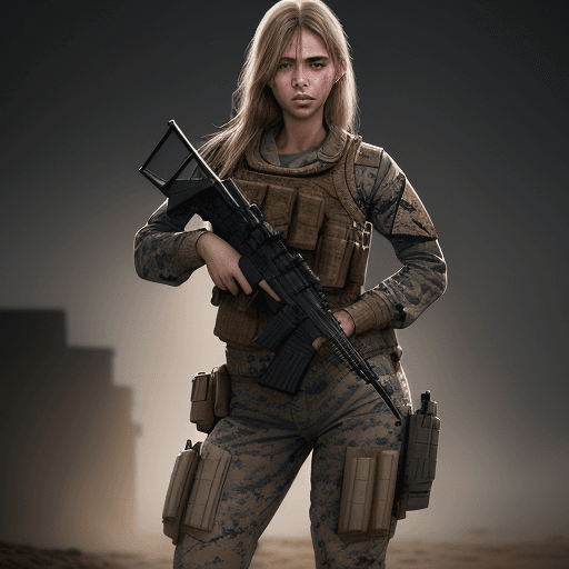 AI generated: caucasian female marine, dirty skin, gunatyou, gun, aiming at viewer, holding gun, to8contrast style...