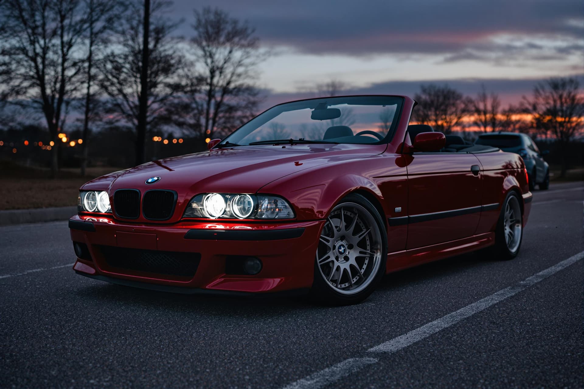 AI generated: dark red bmw e39 M5 convertible, lit angel eyes, cinematic, hyper realism, high detail, 8k, dark eve...