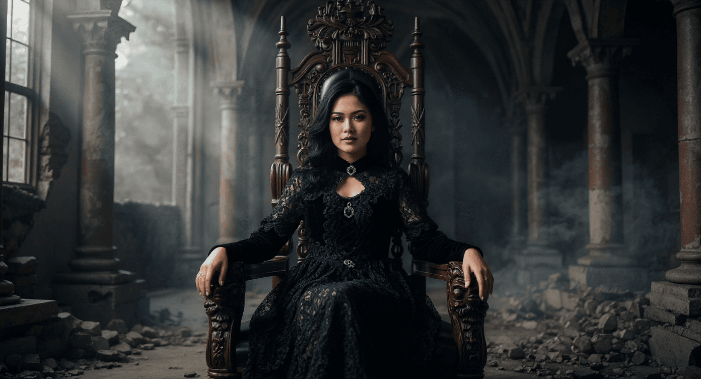 AI generated: A beautiful Indonesian woman in her 30s, wearing a black dress with a gothic feel, her black hair lo...