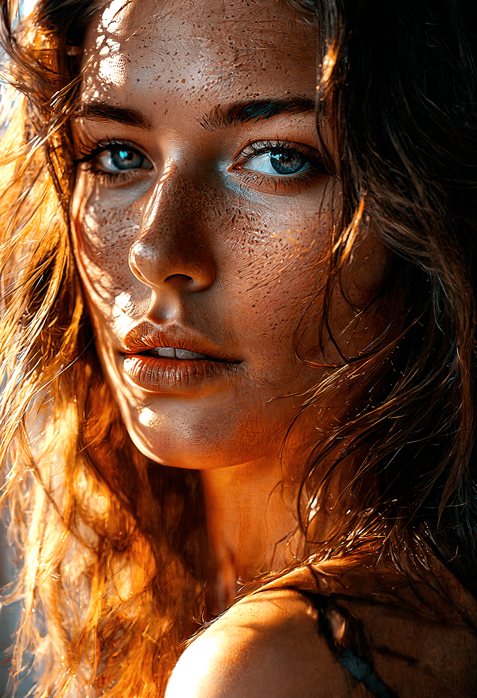 AI generated: An HDR photograph captures a close-up portrait of a uniquely beautiful woman, showcasing breathtakin...