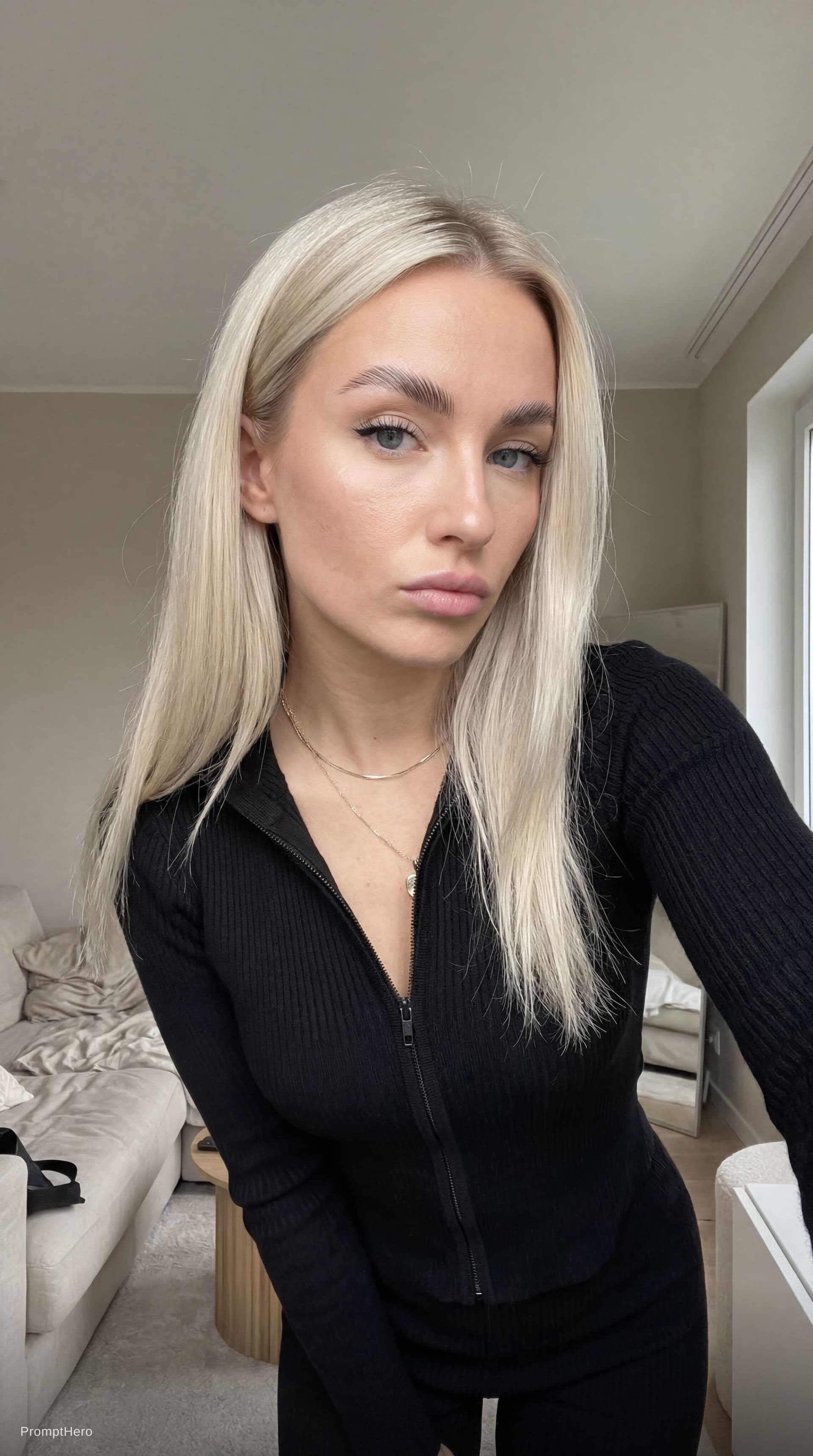 AI generated: Candid iPhone front camera selfie of a young adult European-looking woman indoors.
Arm’s-length self...